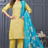 Profile view of a model in a yellow cotton ethnic kurta set displaying the straight-cut pants silhouette and the beautiful pattern of the draped matching dupatta