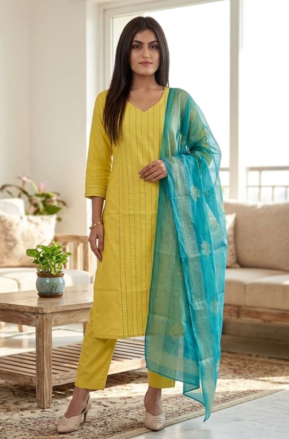 Front full length view of a model in a yellow pure cotton kurta set featuring thread embroidery lines, paired with straight pants and a matching printed dupatta