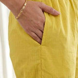 Close-up view highlighting the functional side utility pocket tailored into the matching yellow pure cotton straight-fit trousers, showing a model's hand resting inside the pocket.